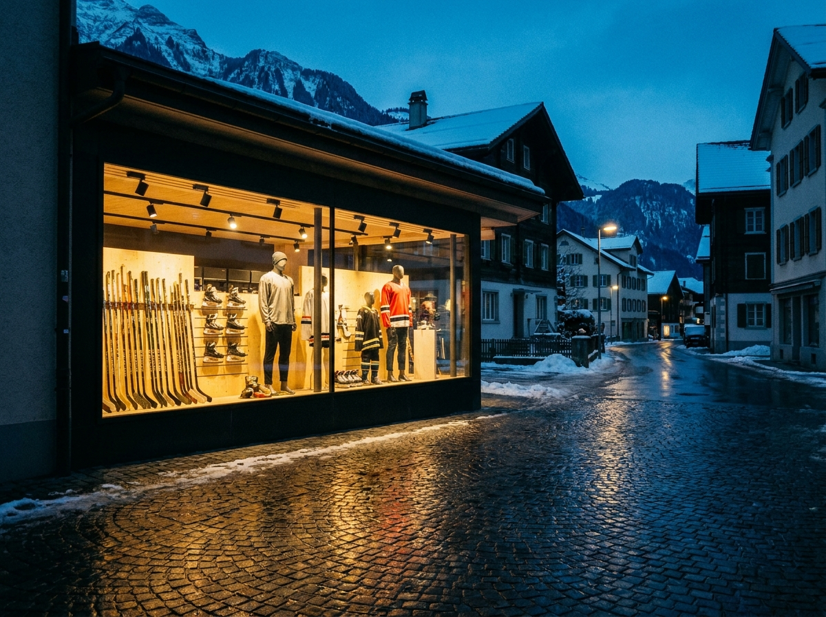 Platzhalter: Beleuchteter Hockey-Shop an einer Schweizer Strasse