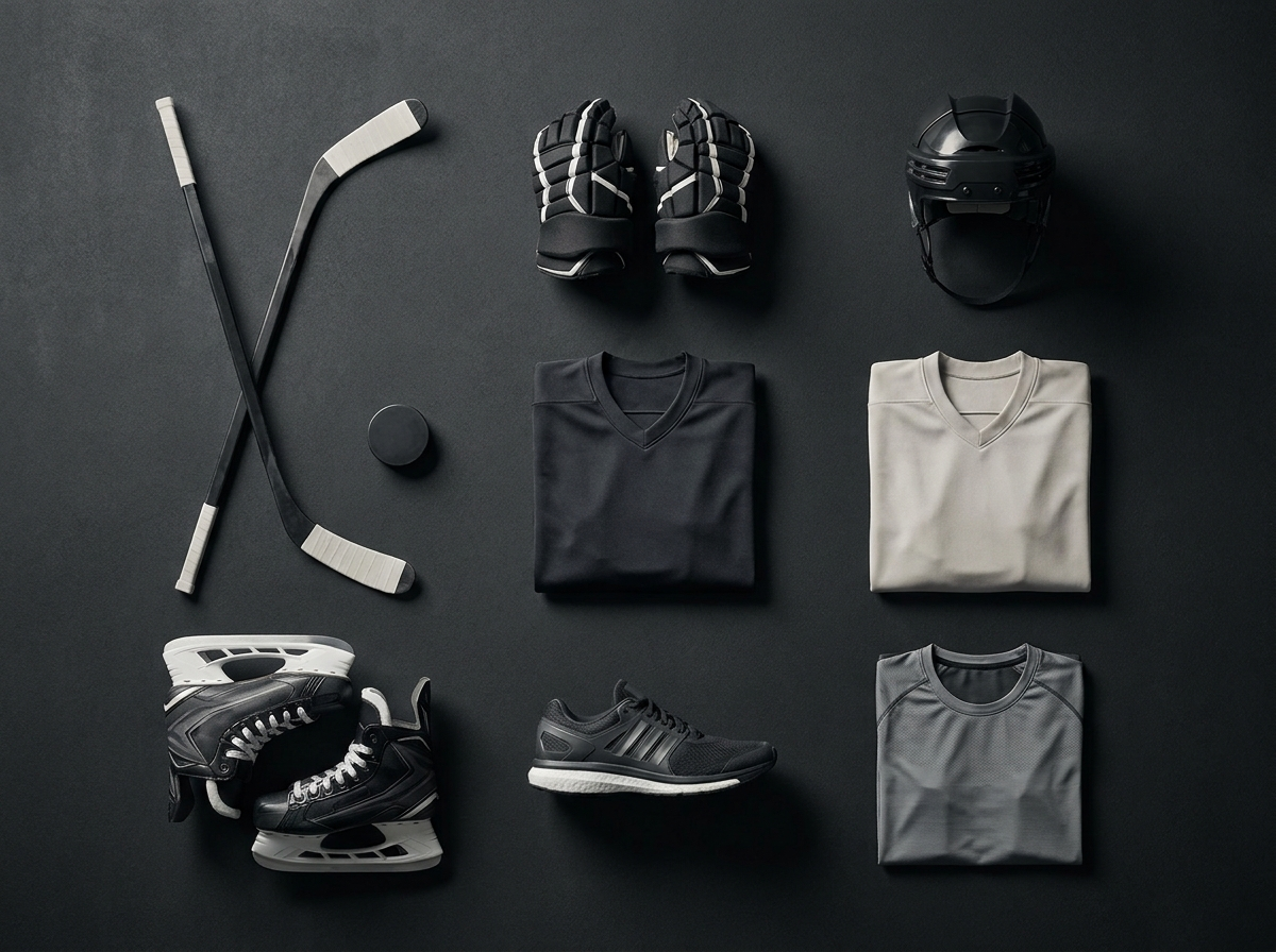Platzhalter: Hockey- und Sportausrüstung als Flatlay